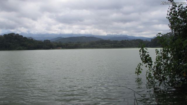  Lake Duluti Arusha, a view of the lake and mount Meru (covered with clouds) in the distance from Meru view point of the trail