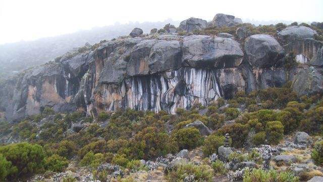  Zebra rocks, view from the path to path to Mawenzi on a rainy day.